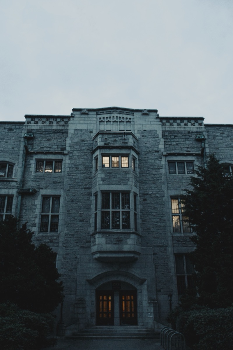 UBC Chemistry building facade at dusk with lit windows