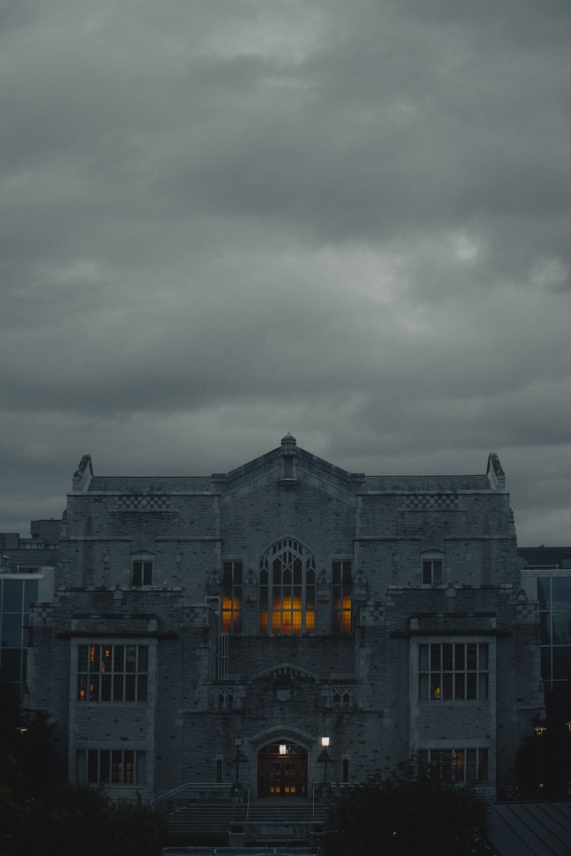 Irving K. Barber Learning Centre under an overcast dusk sky