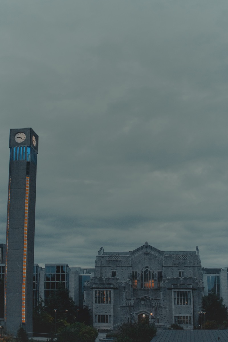UBC clock tower and library at dusk