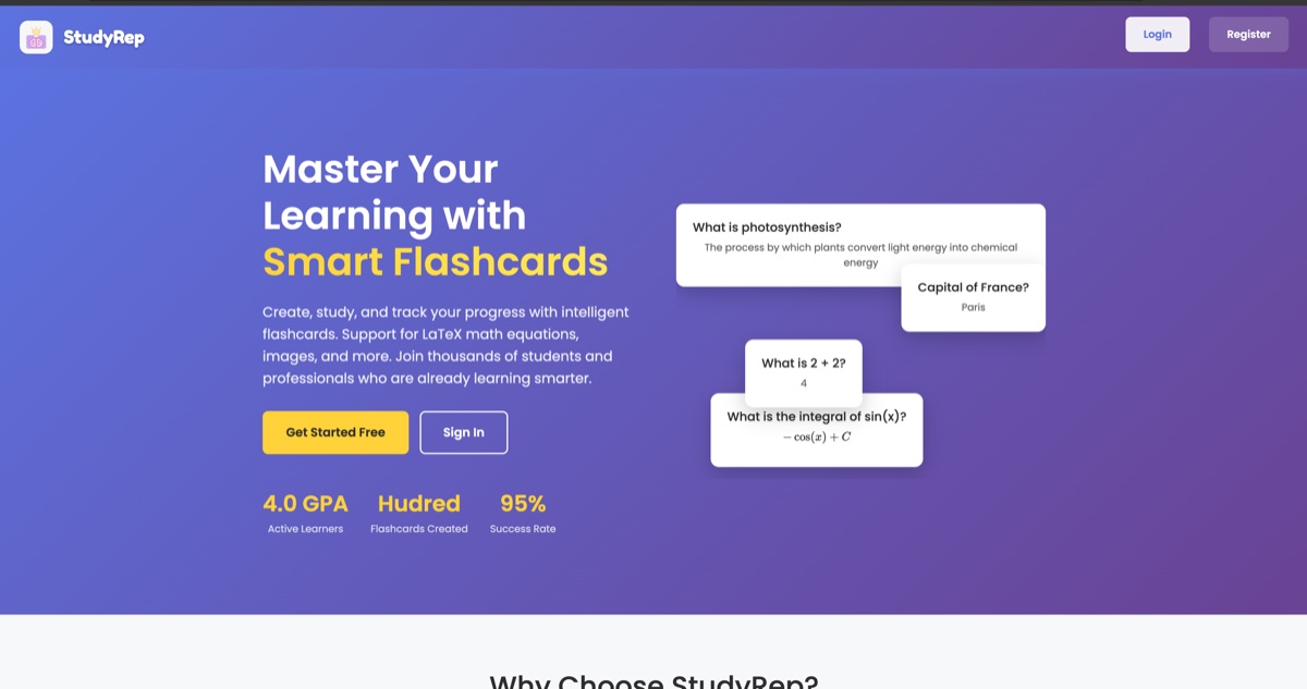 StudyRep landing page: Master Your Learning with Smart Flashcards